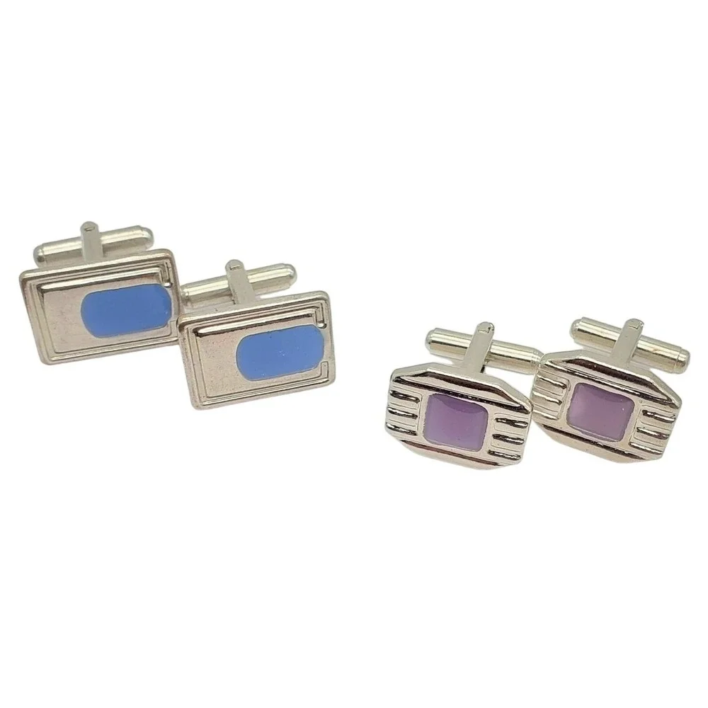Blue & Purple Enamel Cufflinks Silver Tone Ribbed Suit Accessory Pair Deco Style